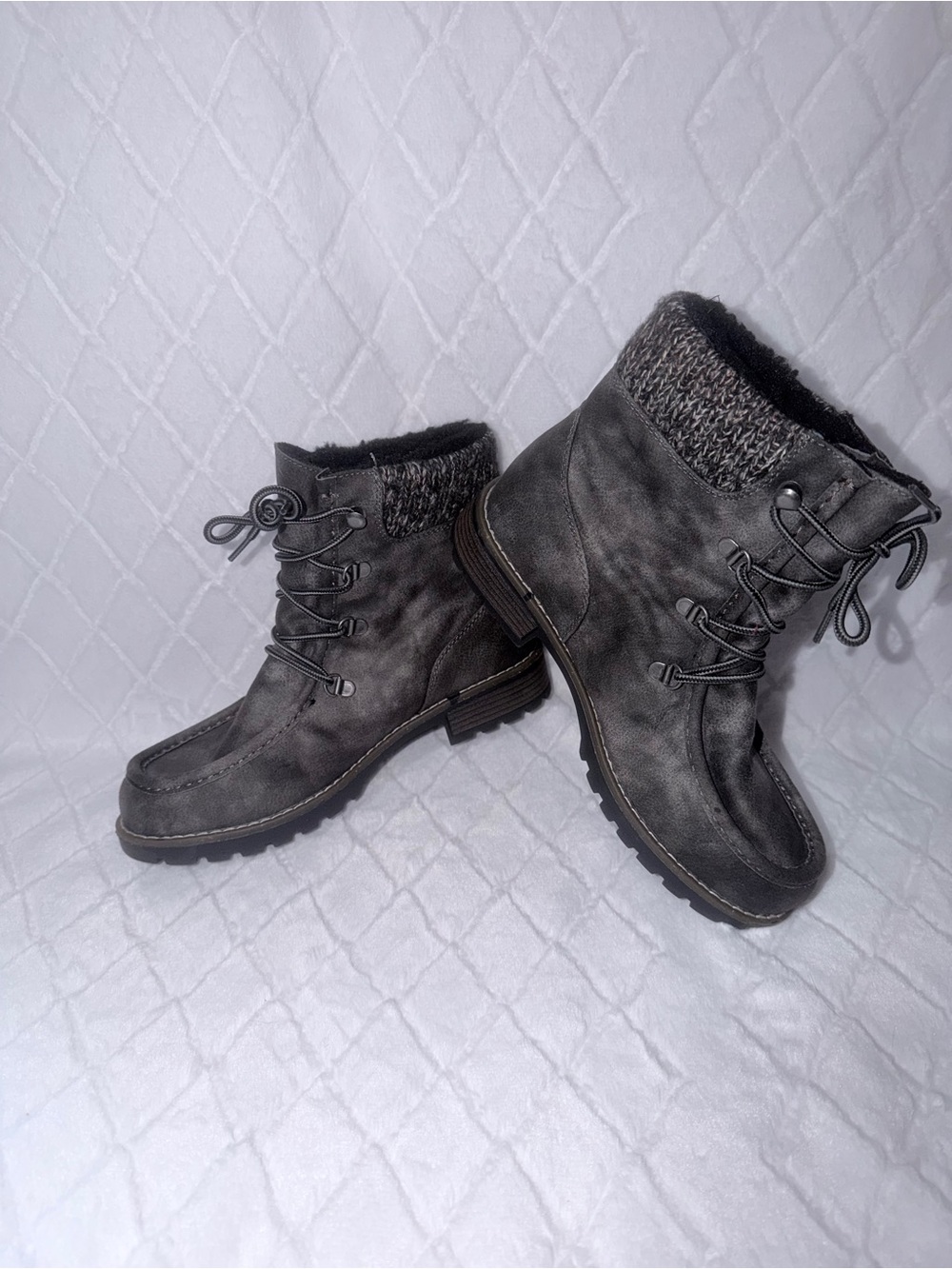Muk Luks Charcoal Gray Faux Suede Lace-Up Knit Cuff Ankle Boots